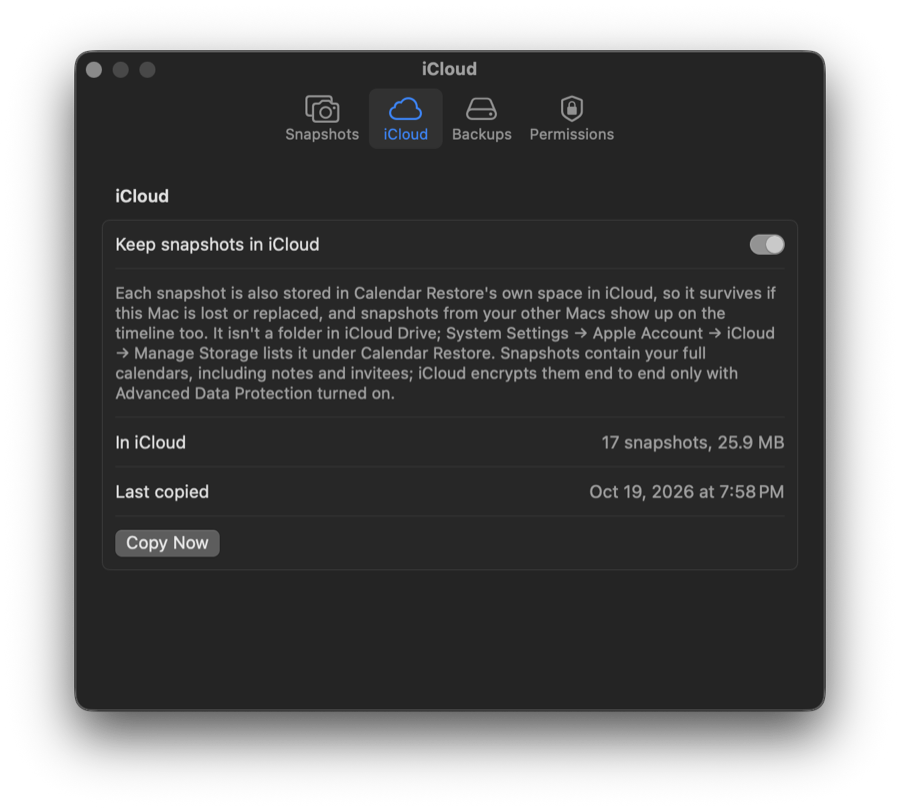 Calendar Restore settings for keeping snapshots in iCloud