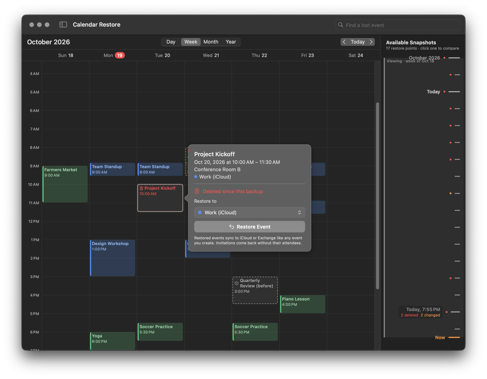 Restoring a deleted event named Project Kickoff