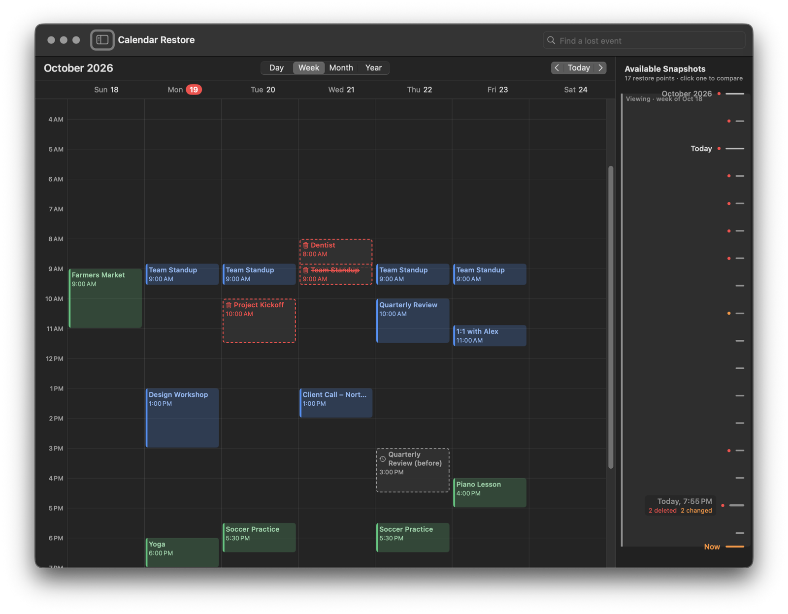 Calendar Restore showing a week with three deleted events and one changed event since a snapshot